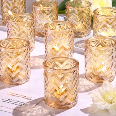 LAMORGIFT 12 PCS Gold Votives Candle Holder- Gold Tea Lights Candle Holder Centerpieces for Wedding Reception, Birthday, Anniversary Party Decor - Glass Tealights Holders for Wedding Table Decor