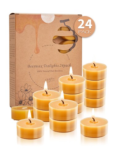 Beeswax Tealight Candles, Handmade Tea Light Candle 24 Pack Natural Unscented Beeswax Tealights - 4 Hours Burn Time - for Home Decor, Party Ambiance