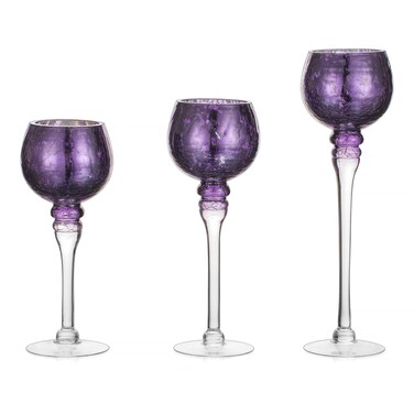 Long Stem Glass Candle Holder - Set of 3 Tall Tea Lights Candle Holders, Purple Crackle Glass Table Candle Holder Set, Inweder Mercury Glass Candle Holder Pillar for Centerpieces, Party, Home Decor