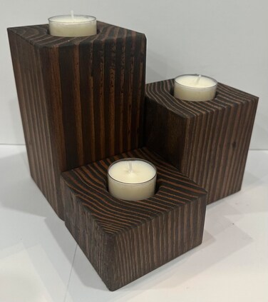 Tea Light Candle Holders Set, 3 Piece Set - 2 inches, 4 inches, 6 inches Height (Expresso Brown Stained Wood)
