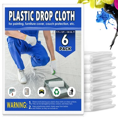 K212M 6Pcs 9x12 Ft Plastic Drop Cloths, 0.5Mil Thick, Waterproof &amp; Dust-Proof Tarp for Painting, Disposable Sheeting for Furniture, Floor, and Couch Protection - Durable Painter&acirc;&euro;&trade;s Cover