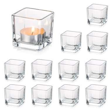 Glasseam Square Candle Holders for Table Centerpieces, Small Tealight Holder Set of 12, Clear Glass Votive Candle Holders, Mini Cube Tea Light Candle Holders for Floating Candle Dining Table Decor