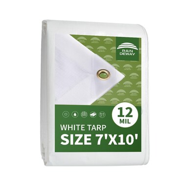 12 Mil Heavy Duty White Tarps 7' X 10', Extra Thick,Durable,Waterproof, UV Resistant, Weatherproof Poly Tarp,with Metal Grommets and Reinforced Edge (Finished Size)-by Raindeway