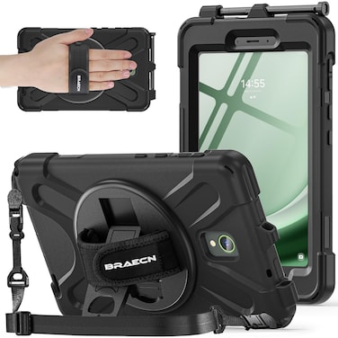 BRAECNstock for Samsung Galaxy Tab Active 5/ Active 3 Case 8 inch with Screen Protector Shockproof Protective Galaxy Tab Active 5/3 Tablet Cover for Kids Rotating Hand Strap + Stand Pen Holder - Black