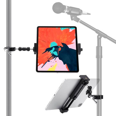 NUOMIC Aluminum Tablet Holder Mic Stand, Portable iPad Mic Stand Mount, Adjustable Music Stand Tablet Phone Holder for iPad Mini, iPad Air, iPad Pro and iPhone 4.7-12.9