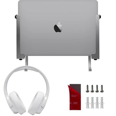 IFCASE Aluminum Wall Laptop Mount Holder for MacBook Air, Pro, Surface, iPad, Tablets, Cell Phones with Headphone Hook, Anti-Scratch Pads, Adhesive &amp; Screws (Silver)