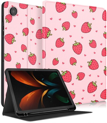 Uppuppy for Samsung Galaxy Tab A8 Case 10.5 Inch Kids Cute Girls Folio Women Girly Kawaii Teens Strawberry Pretty Aesthetic Unique Tablet Cover for Samsung A8 Tab Cases SM-X200/X205/X207