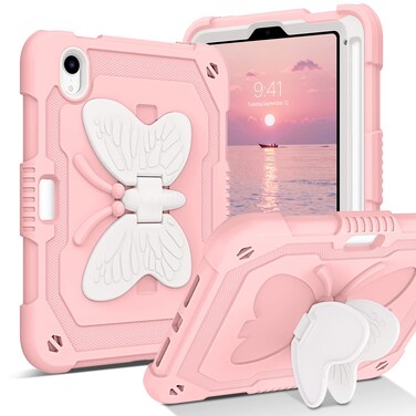 DUEDUE Case for iPad Mini 7 (A17 Pro) 2024,iPad Mini 6 Case 2021, Butterfly Wings Kickstand with Pencil Holder Heavy Duty Shockproof Protective Tablet Case for iPad Mini 7th/6th Gen Kids, Beige/Pink