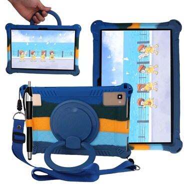 Tablet Case for TCL Tab 10 5G Case 10.1 Inch/TCL Tab 10S 9081X/9080G,Soft Anti-Stress Silicone Case with Rotate Stand/Pencil Holder/Shoulder Strap/Pen for TCL Tab 10.1 Inch (Colorful Dark Blue)