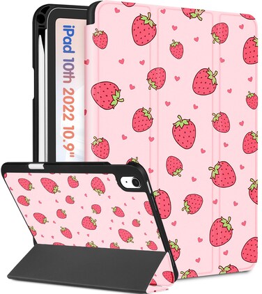 Wazzasoft for Apple iPad 10th Generation Case 10.9 Inch Cute Women Girls Kids Folio Cover Girly Kawaii Strawberry Design Pencil Holder Auto Sleep/Wake Cases for iPad 10 Gen 2022 A2696 A2757