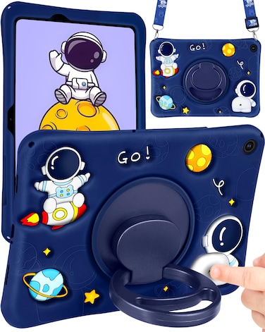 Wazzasoft for Samsung Galaxy Tab A9 Plus Case 11&acirc;&euro; Boys Cute Astronaut Cover Kawaii Cartoon Spacemen Fun Cool with Rotating Handle Stand+Strap Silicone Funda for Samsung A9 Plus Tablet Case