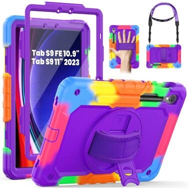 SEYMAC Case for Samsung Galaxy Tab S9 FE 5G Case 2023, Heavy Duty Shockproof Protective Case with Screen Protector, Rotating Stand, Hand Strap and Pen Holder for Galaxy Tab S9 FE 10.9/S9 11'', Purple