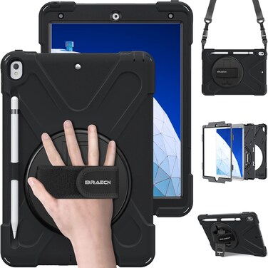 BRAECN for iPad Air 3 10.5 Case 2019,iPad Pro 10.5 Case 2017- Heavy Duty Shockproof Case Cover with Pencil Holder,Rotating Stand/Hand Strap,Carrying Shoulder Strap Fit iPad Air 3rd Gen Case 10.5-Black