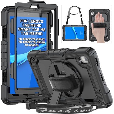 HXCASEAC Case for Lenovo Tab M8 (HD/FHD/Smart) 2019/2021 3rd/2nd Gen (TB-8506FS TB-8506F TB-8505F TB-8505X TB-8505FS TB-8705F TB-8705N), M8 Tablet Case Screen Protector/Hand Strap/Stand, Black