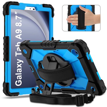Meifei for Samsung Galaxy Tab A9 Case 8.7 inch SM-X110 X115 X117, Heavy Duty Shockproof Silicone Cover Rugged 360 Stand Hand Shoulder Strap for Galaxy A9 Tablet, Black/Blue