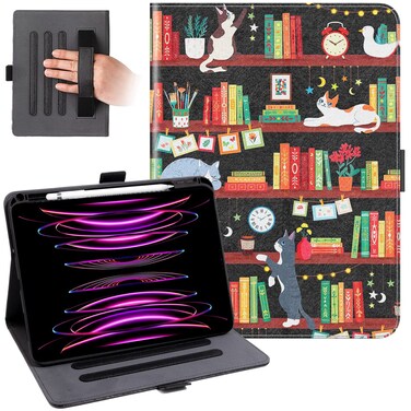 Dteck for iPad 10th Generation 10.9 Inch 2022 Case with Pencil Holder,Premium Leather Folio Multiple Viewing Angles Stand Cover Auto Wake/Sleep Protective Tablet Case for Women Men,Bookshelf Cat