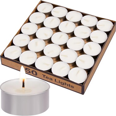 Tea Light Candles - 50 Pack, 4+ Hours Fully Burns Tealight Candles Unscented Smokeless Paraffin Tealights for Home, Sabbath, Weddings, Christmas &amp; Halloween Decor, White