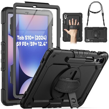 SEYMAC Case for Samsung Galaxy Tab S10+ Plus Case 2024/ S9 FE+ Plus/ S9+ Plus 12.4" 2023, Heavy Duty Shockproof Protective Case with Screen Protector, Stand, Hand/Shoulder Strap and Pen Holder, Black