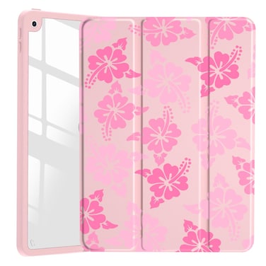 JOYLAND Pink Hibiscus Flower Pattern Case for 10.5" iPad Pro(2017)/iPad Air 3, Clear Acrylic Hard Back Case with Pencil Holder Trifold Stand Tablet Cover (Model Number:A1701 A1709 A1852)