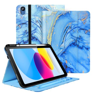 Zonefoker for iPad 10th Generation Case 2022, iPad 10 th Gen 10.9 inch Protective Cover with Pencil Holder, Multi-Angle Viewing Stand, Pocket Design, Folio Leather Cases for Women Men, Marble Blue