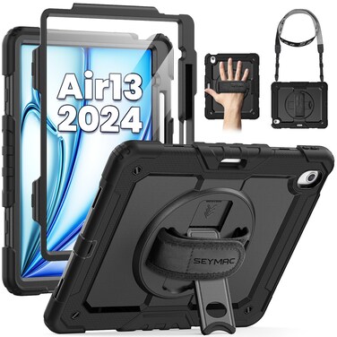 SEYMAC for iPad Air 13 Inch Case M2 (2024), Heavy Duty Shockproof Protective Case with Screen Protector, 360&Acirc;&deg; Rotating Stand, Hand/Shoulder Strap and Pen Holder for iPad Air 13 2024, Black