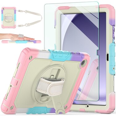 Ambison Case for Samsung Galaxy Tab A9+ 11'' 2023, [Kids Proof] Full Body Protective Case with 9H Tempered Glass Screen Protector, 360&Acirc;&deg; Rotatable Kickstand &amp; Hand Strap (Light Pink)