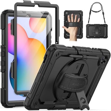 SEYMAC Case for Samsung Galaxy Tab S6 Lite 10.4'' 2024/2022/2020 (SM-P620/P610/P615), Heavy Duty Full-Body Shockproof Protective Case with Screen Protector, Rotating Stand, Hand/Shoulder Strap, Black