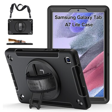 Case for Galaxy Tab A7 Lite: Military Grade TPU Shockproof Cover for Samsung Galaxy Tablet A7 Lite 8.7 Inch 2021 (SM-T220/T225/T227) W/Stand - Shoulder Strap - Handle - S-Pen Holder - Black
