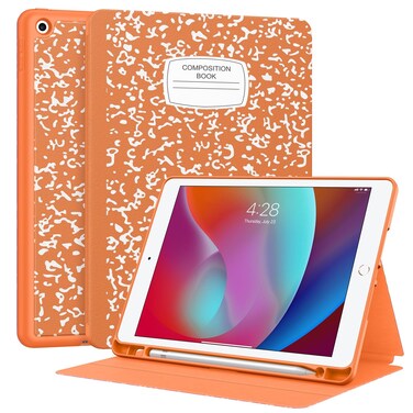 Supveco Case for iPad 9th/8th/7th Generation 10.2 inch (2021/2020/2019 Model) with Pencil Holder,Premium Folio Stand Case with Auto Wake/Sleep,Soft TPU Back Shell Cover for iPad 10.2 Inch-Orange Book