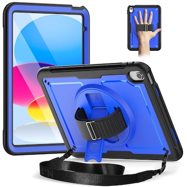 Timecity Case for iPad 10th Generation 10.9 inch 2022/2023: with Screen Protector, 360 Rotating Stand, Hand Strap, Shoulder Strap, Pencil Holder, Full-Body Shockproof Protective Case -Darkblue