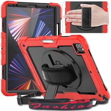 Timecity Protective Case for iPad Pro 12.9 inch 6th/ 5th/ 4th/ 3rd Generation, with Strong Protection, Screen Protector, Hand/Shoulder Strap, Rotating Stand, Pencil Holder - Red