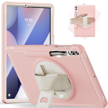 Junfire Protective Case for Samsung Galaxy Tab S9 Plus/S8 Plus/S7Plus/S7FE/S9 FE Plus, 12.4'' Tablet Cover with Kickstand, Hand Strap, Stylus Holder, Pink