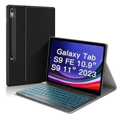 JUQITECH Backlit Keyboard Case for Samsung Galaxy Tab S9 FE 5G 10.9 Inch S9 11 Inch 2023, Slim Soft Tablet Multi-Angle Stand Cover Case with Keyboard for S9 FE 10.9" S9 11" Support S Pen Holder Attach