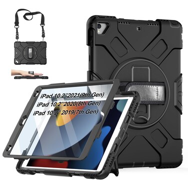 Case for iPad 9th Generation 2021: Military Grade Protective Cover for iPad 8th/7th Gen 10.2 Inch 2020/2019 with Stand - Handle - Shoulder Strap- Pencil Holder- Black