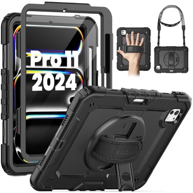 SEYMAC for iPad Pro 11 Inch Case 2024 (M4), Heavy Duty Shockproof Protective Case with Screen Protector, 360&Acirc;&deg; Rotating Stand, Hand/Shoulder Strap and Pen Holder for iPad Pro 11 2024, Black