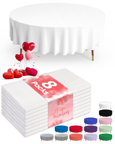 Pureegg PlasticTable Cloth Disposable - 8 Packs, Round Tablecloth, 84" Decorative Round Table Cloth for Parties, Picnics, Camping, Waterproof &amp; Stain-Resistant, White