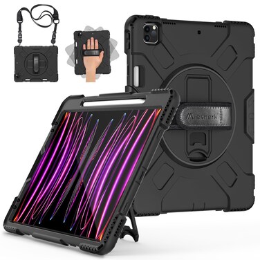 Miesherk Case for iPad Pro 12.9 Inch 6th/5th/4th Generation, Military Grade Heavy Duty Shockproof iPad Pro 12.9 Case - Rotating Stand, Pencil Holder, Hand/Shoulder Strap, Black+Black
