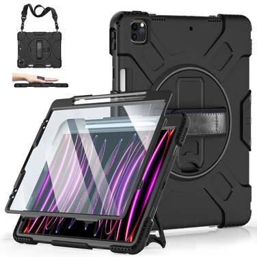 Case for iPad Pro 12.9 2022/2021/ 2020/2018: Cover for iPad Pro 12.9 6th/ 5th/ 4th/ 3rd Generation with Screen Protector- Stand- Pencil Holder- Handle- Shoulder Strap Black