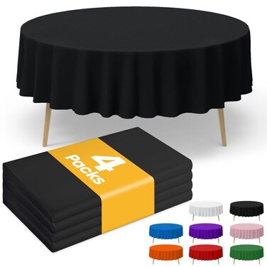Niuara Black Plastic Table Cloth Round Table 4 Pack, 84'' Black Tablecloth for Round Tables, Table Cloth for Disposable Use, Table Cover for Holiday Party, Gathering