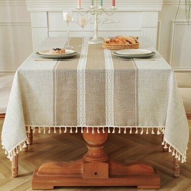 Laolitou Cotton Linen Waterproof Tablecloth for Dining Table Rustic Farmhouse Kitchen Rectangle Table Cloth Coffee Table Cover, Coffee Lines, 55x102 Inch