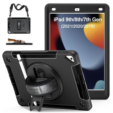 Case for iPad 9th Generation 2021: Military Grade Protective Cover for iPad 8th/7th Gen 10.2 Inch 2020/2019 W/Pencil Holder - Stand - Handle - Shoulder Strap- Black