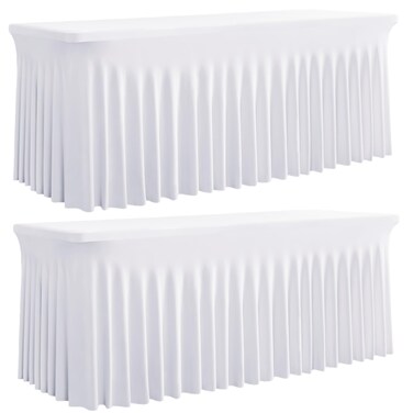 Outpain White Spandex Table Clothes for 6 Foot Rectangle Tables-2Pack 6FT Spandex Fitted Table Cover, Wrinkle Free Tablecloths with Skirt for Parties, Wedding, Birthday, Banquet, Festival