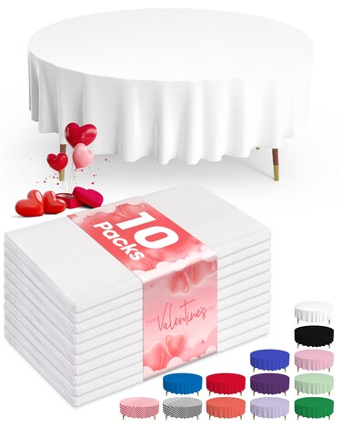 Pureegg Plastic Table Cloth Disposable - 10 Pack, Disposable Table Cloths for Parties, Decorative Round Tablecloths, 84'' White Plastic Tablecloth, Leakproof &amp; Sturdy, White