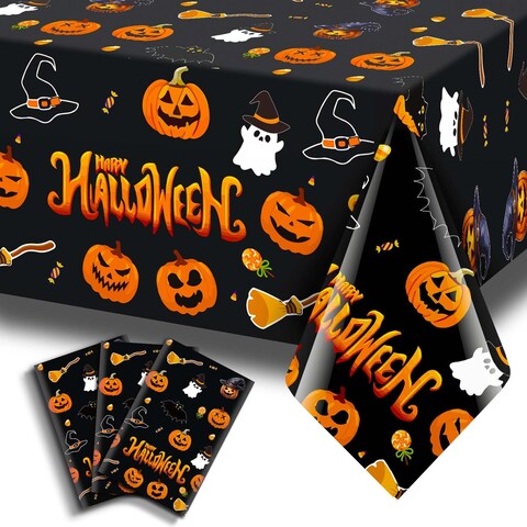 3 Pack Halloween Tablecloth Rectangle 54&quot; x 108&quot; Plastic Table Cloth Disposable Black Camping Table Cover Decorations Cute Pumpkin Ghost Scary Spooky Indoor Outdoor Waterproof Birthday Party Supplies