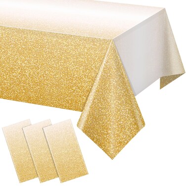 3 Pack Ombre Gold Plastic Tablecloth for Parties, Gradient Yellow Gold Disposable Tablecloths for Rectangle Tables, Light Gold Sprinkle Table Cover for Wedding Birthday Anniversary Party, 54 x 108Inch