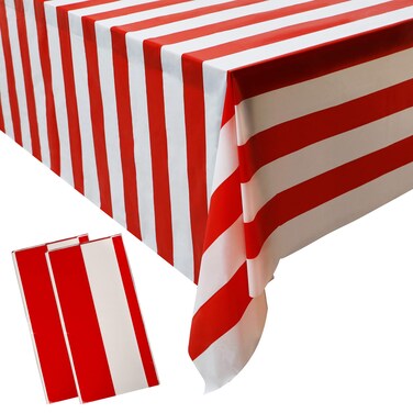 peony man 2 Pieces Red and White Striped Tablecloth Plastic Stripe Table Cover Carnival Circus Tablecloths Waterproof Rectangle Tablecloth for Holiday Party Picnic Decoration, 54" x 107