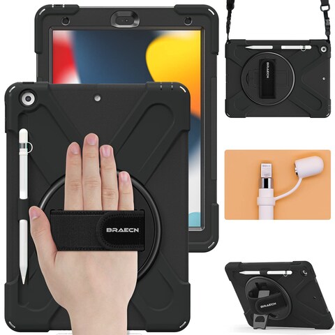 BRAECN for iPad Case 9th/8th/7th Generation, 10.2 Inch iPad Case with Hand Strap, Dropproof Kids Case with Kickstand, Shoulder Strap, Pencil Holder, Pencil Cap for 2021/2020/2019 10.2&quot; iPad(Black)
