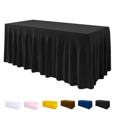 Jieqier One-Piece Table Cover and Table Skirt for Rectangle Tables, 6FT Spandex Fitted Tablecloth with Ruffles Skirt for Weddings, Banquets, Baby Showers, Parties, Vendors (Black)