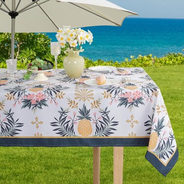 SASTYBALE Outdoor Tablecloth with Umbrella Hole and Zipper, Floral Table Cloth with Pineapple Pattern, Spill Proof Patio Table Cover for Summer Picnic Indoor Outdoor Tables (Rectangle, 60" x 102")