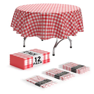 Exquisite Picnic Table Cover - 12 Pack Premium Round Plastic Tablecloth - Red &amp; White Checkered BBQ Plastic Table Cover - Gingham Checkerboard Disposable Plastic Tablecloth 84 inch. Round